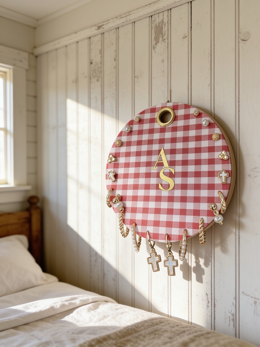Altar'd State Red Gingham Round Hanging Earring Organizer